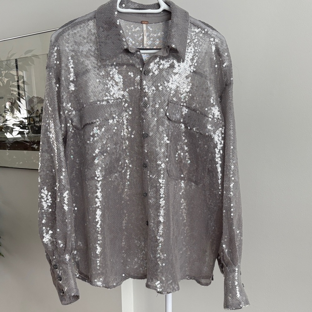 Free People Silver Sequin Button Down Shirt